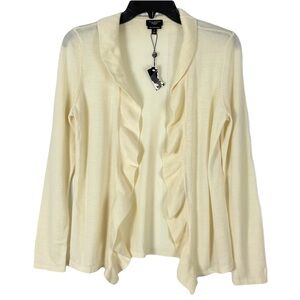 Talbots Cardigan Size SP Cream Ivory Merino Wool Open Front Ruffle Trim Sweater